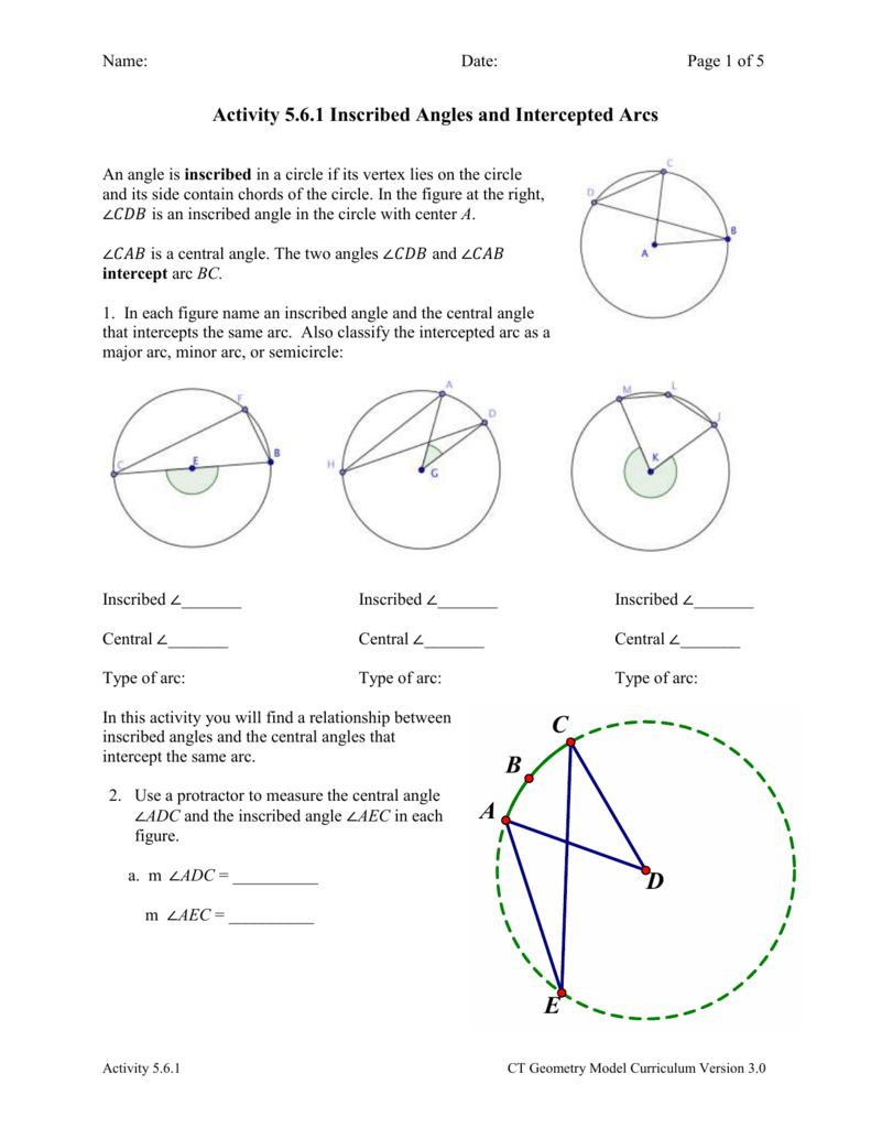 Activity 22.22.22 Inscribed Angles and Intercepted Arcs For Central And Inscribed Angle Worksheet