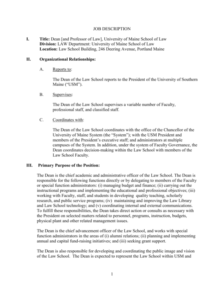 JOB DESCRIPTION University of Southern Maine