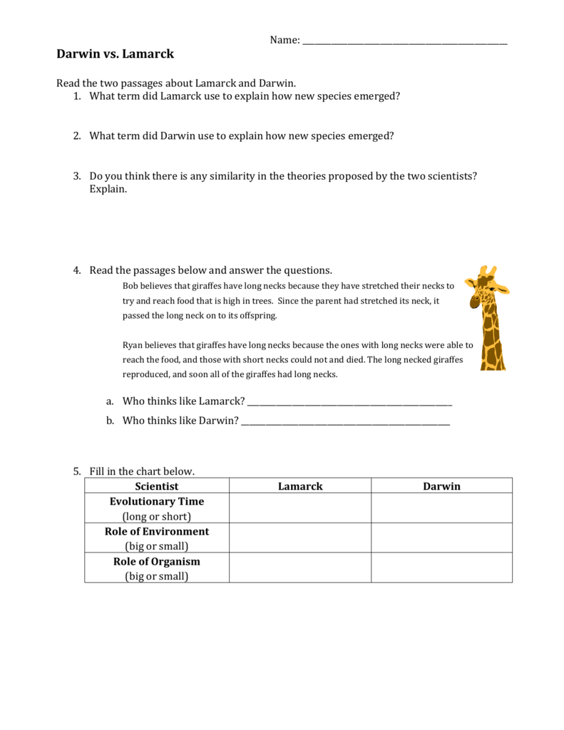 Darwin s Natural Selection Worksheet Answers Key Giraffe Inspireya