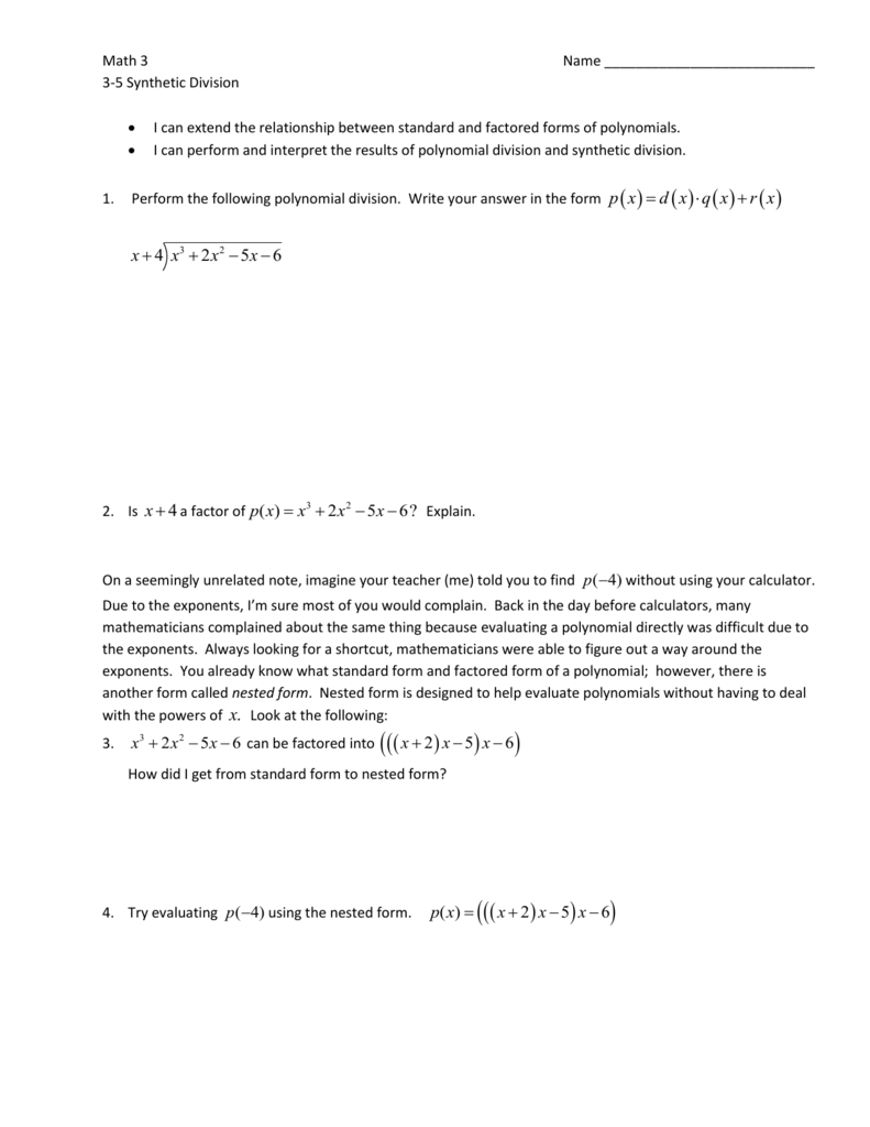 22-22 Synthetic Division For Synthetic Division Worksheet With Answers