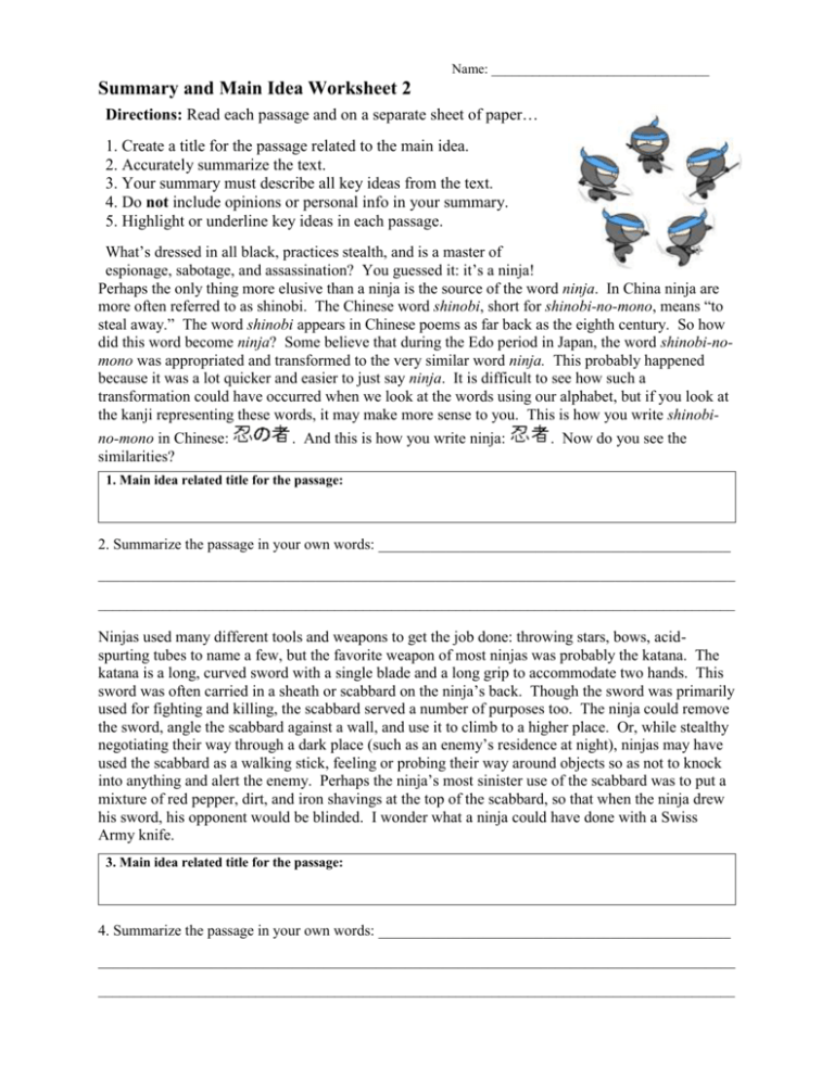 Summary And Main Idea Worksheet 2 RTF