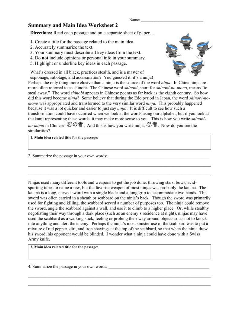 Summary and Main Idea Worksheet 22 RTF Within Main Idea Worksheet 4