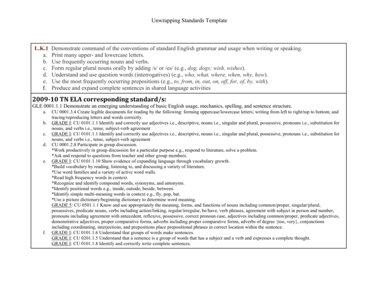 2009 10 TN ELA Corresponding Standard s