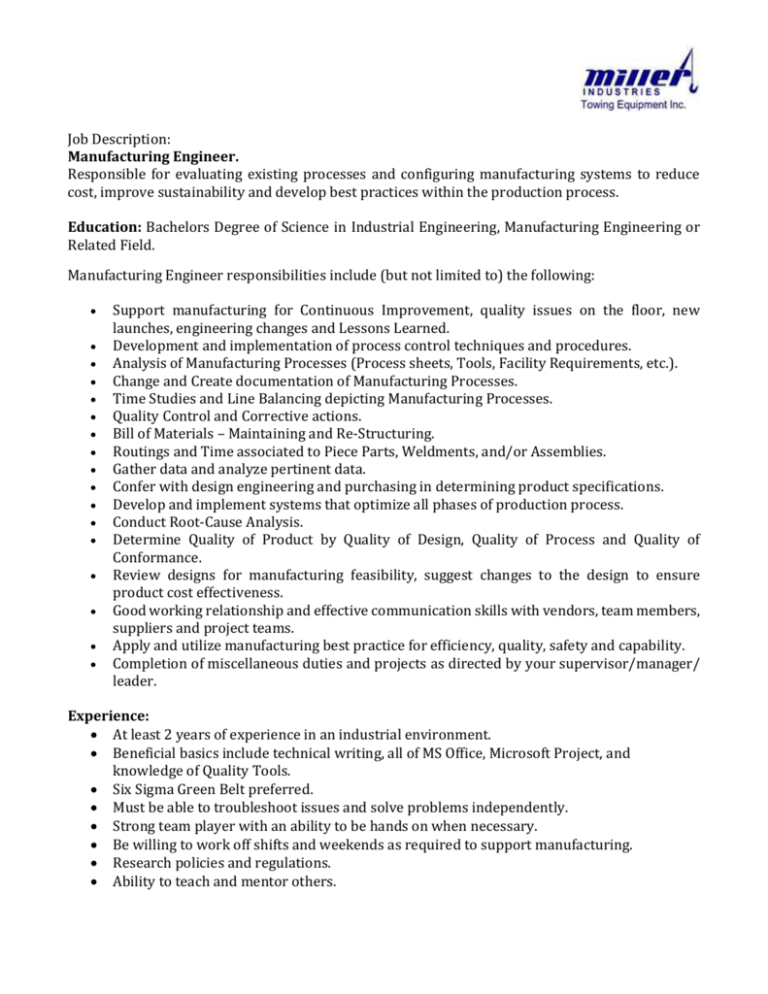 Manufacturing Engineering Job Summary