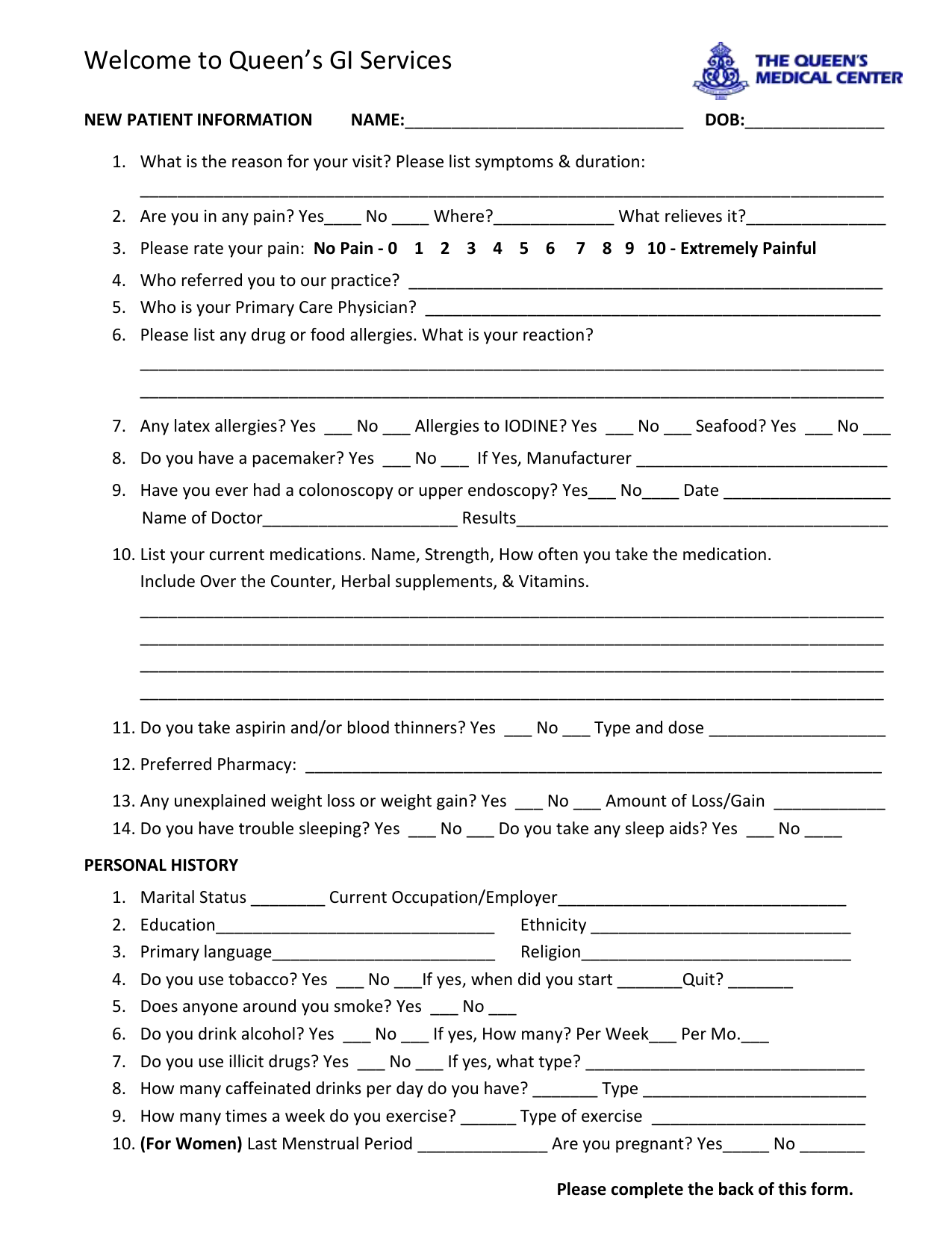 New Patient Information Form Template