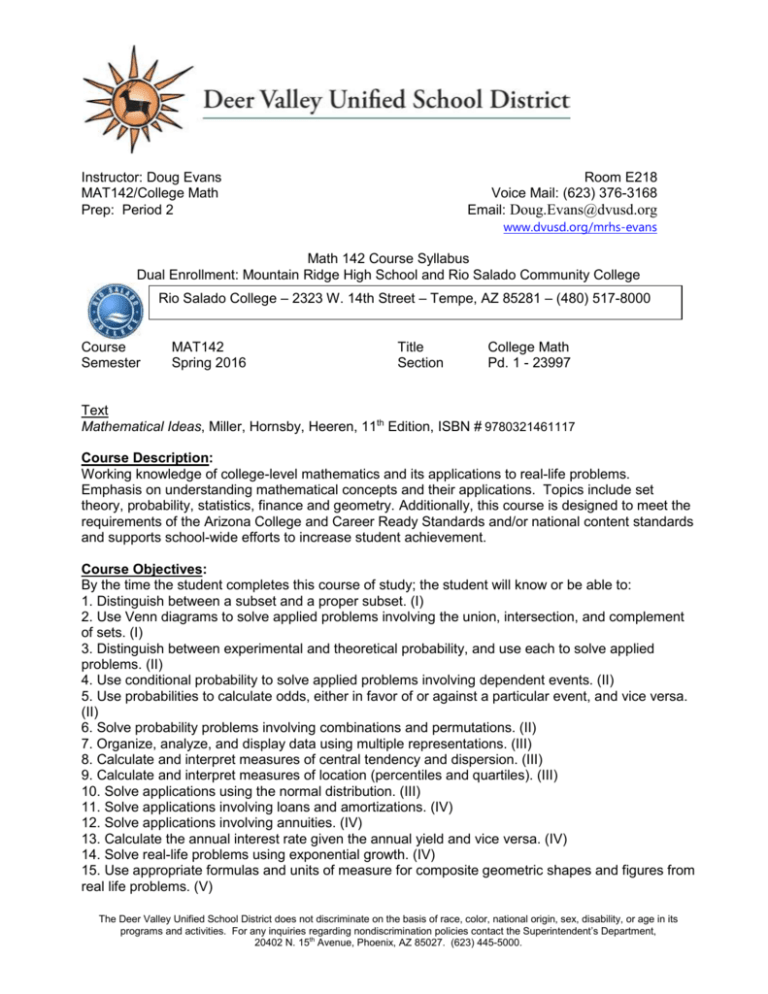 College Math MAT142 Deer Valley Unified School District College Math MAT142 Deer Valley Unified School District