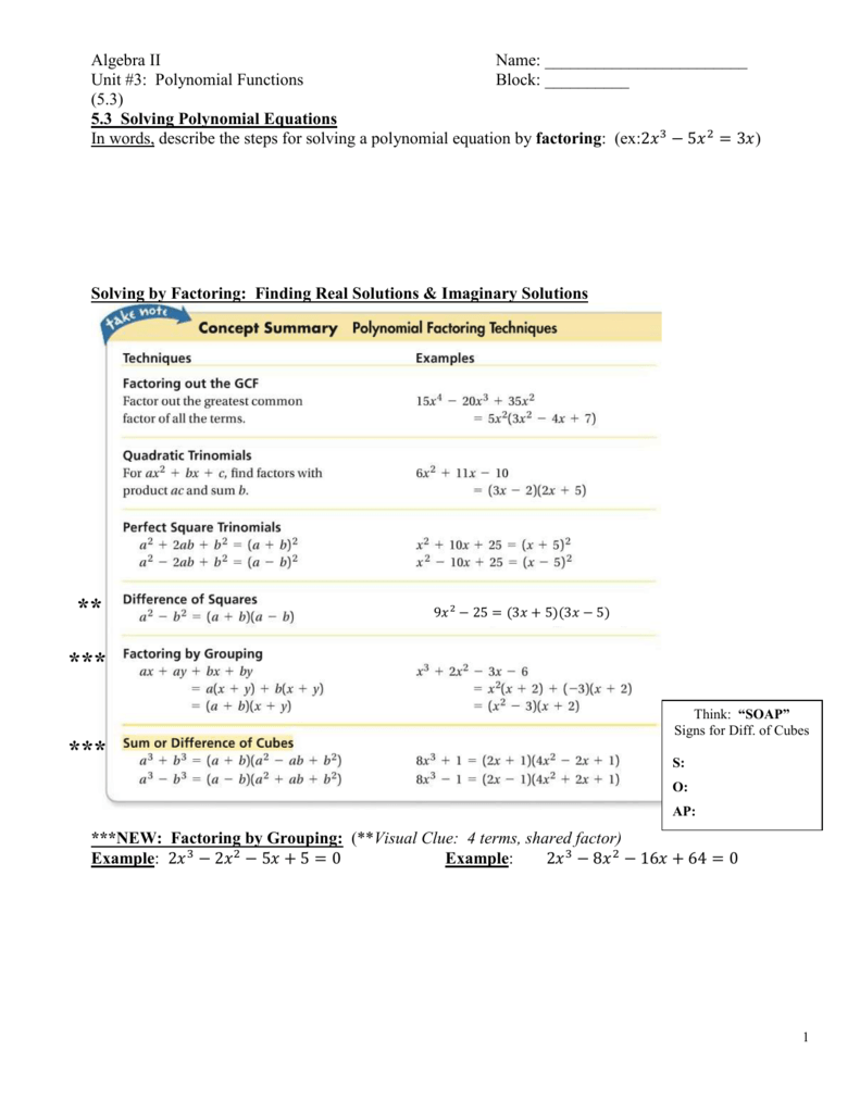 Algebra II Name: Unit #20: Polynomial Functions Block: ______ (20.20 Within Solving Polynomial Equations Worksheet Answers