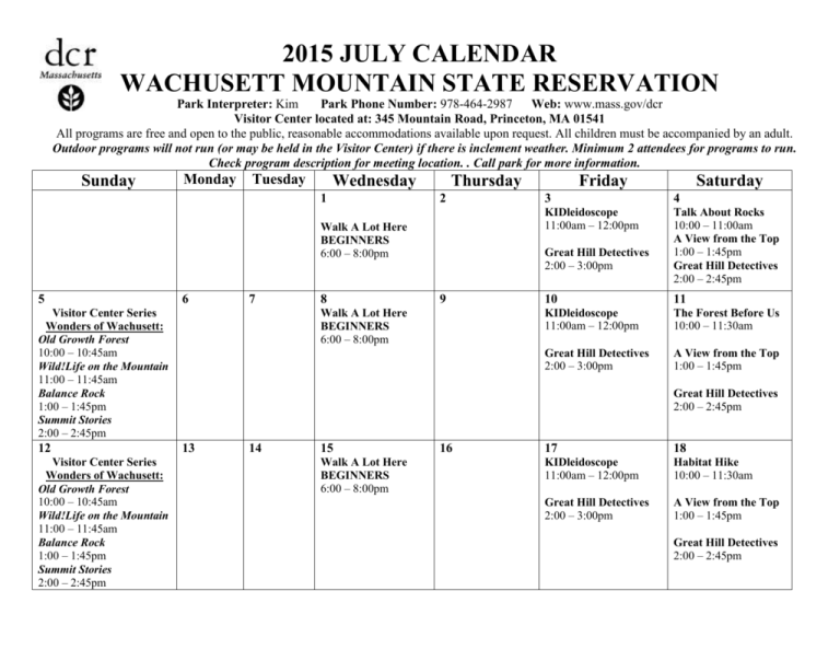Wachusett Reservation July Programs