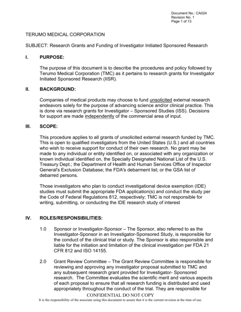 Subject: Regulatory Status Determination