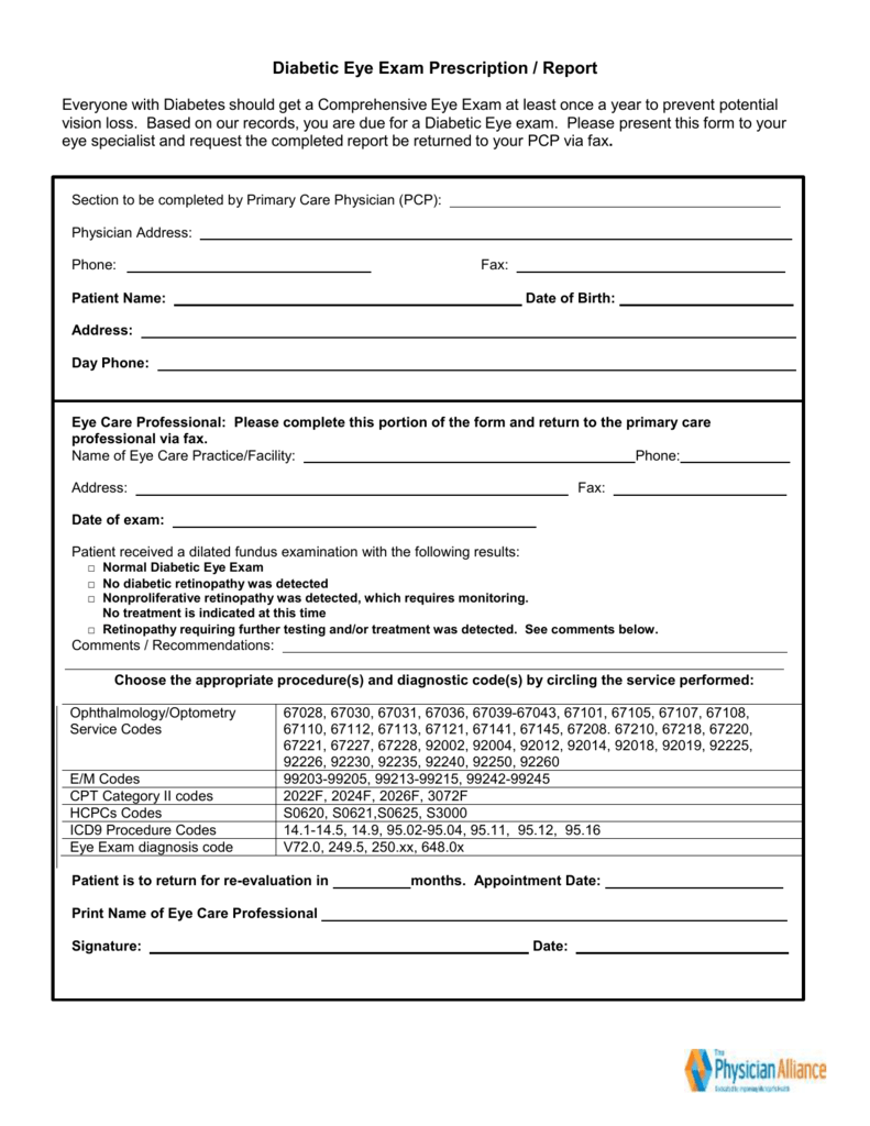 Specialist Referral Diabetic Eye Exam Prescription Sample