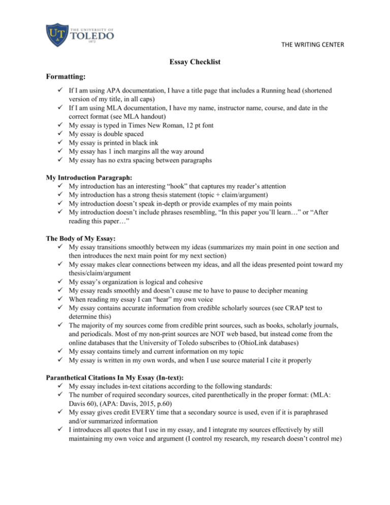 college essay requirements checklist