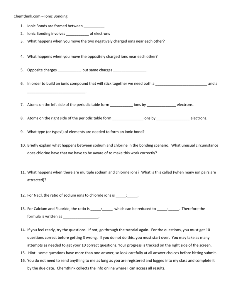 Ionic bonding Regarding Ionic Bonds Worksheet Answers