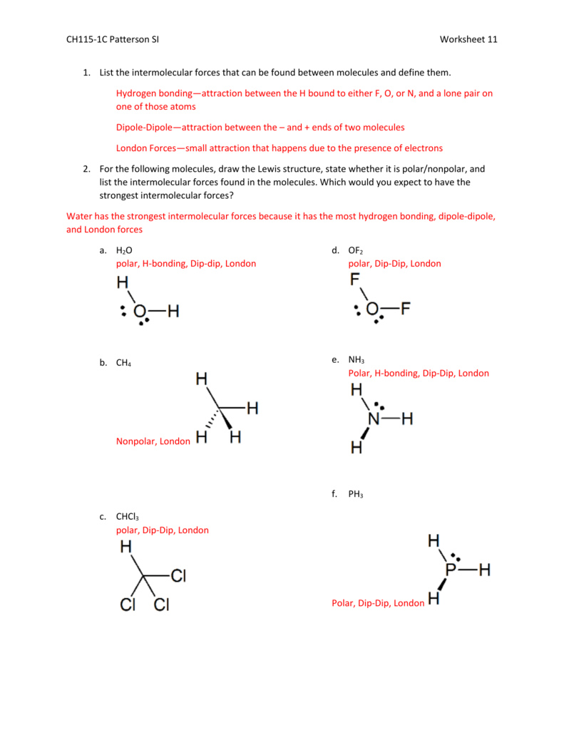 CH115 1C Patterson SI Worksheet 11 List The Intermolecular Forces