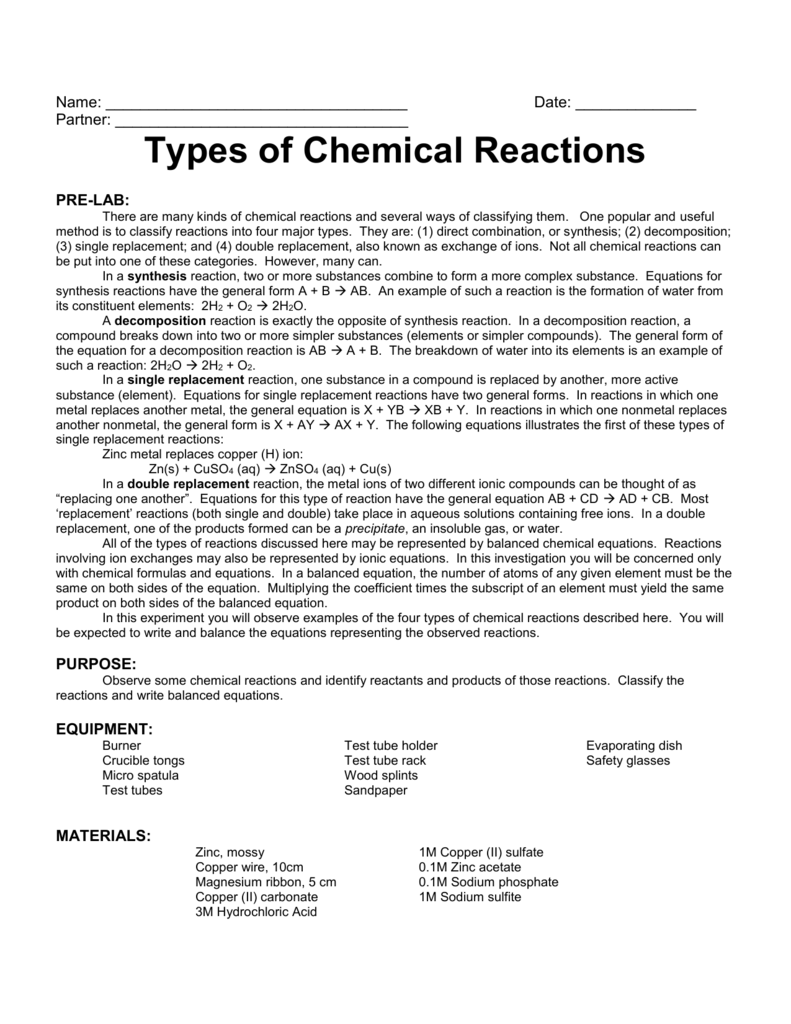 types of chemical reactions lab report answers