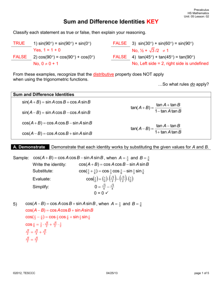 Sum And Difference Identities Key