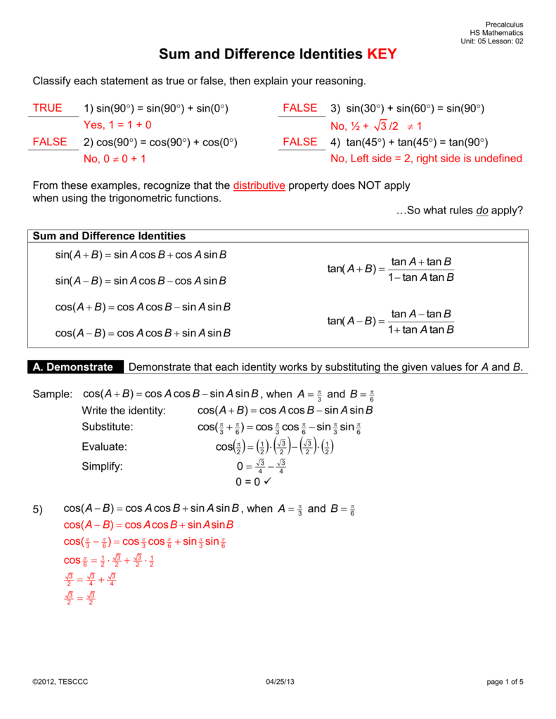 Sum And Difference Identities Key