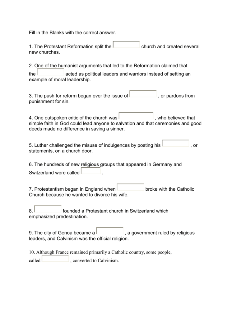 Fill in the Blanks with the correct answer. 11. The Protestant With Regard To Protestant Reformation Worksheet Answers