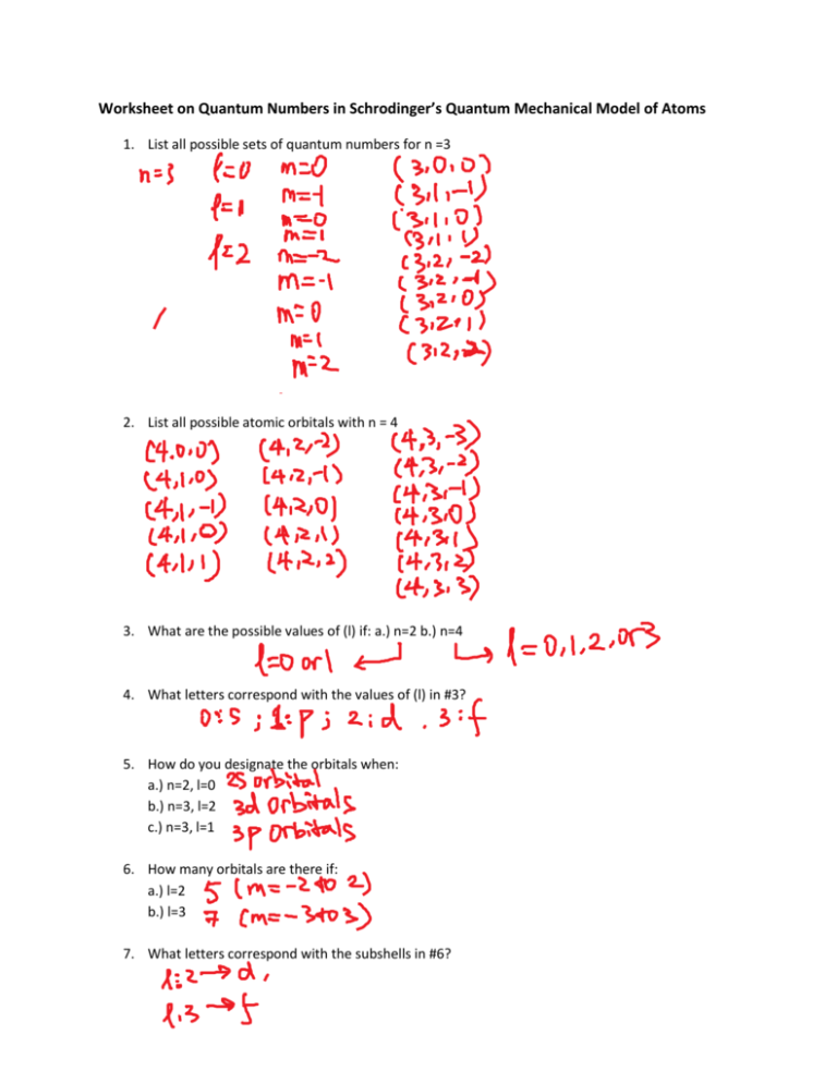 Atomic Theory 1 7 Quantum Numbers Worksheet