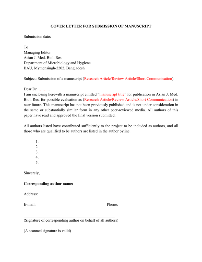 cover letter journal submission template