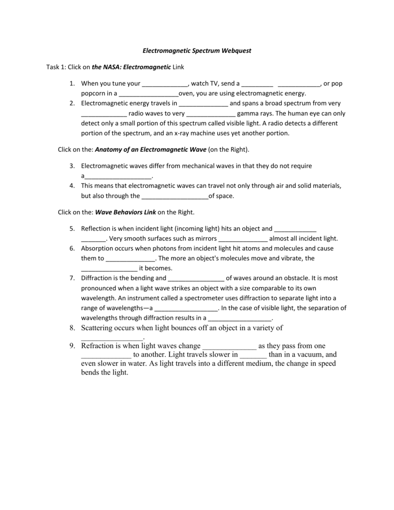 Electromagnetic Spectrum Webquest In Electromagnetic Spectrum Worksheet High School