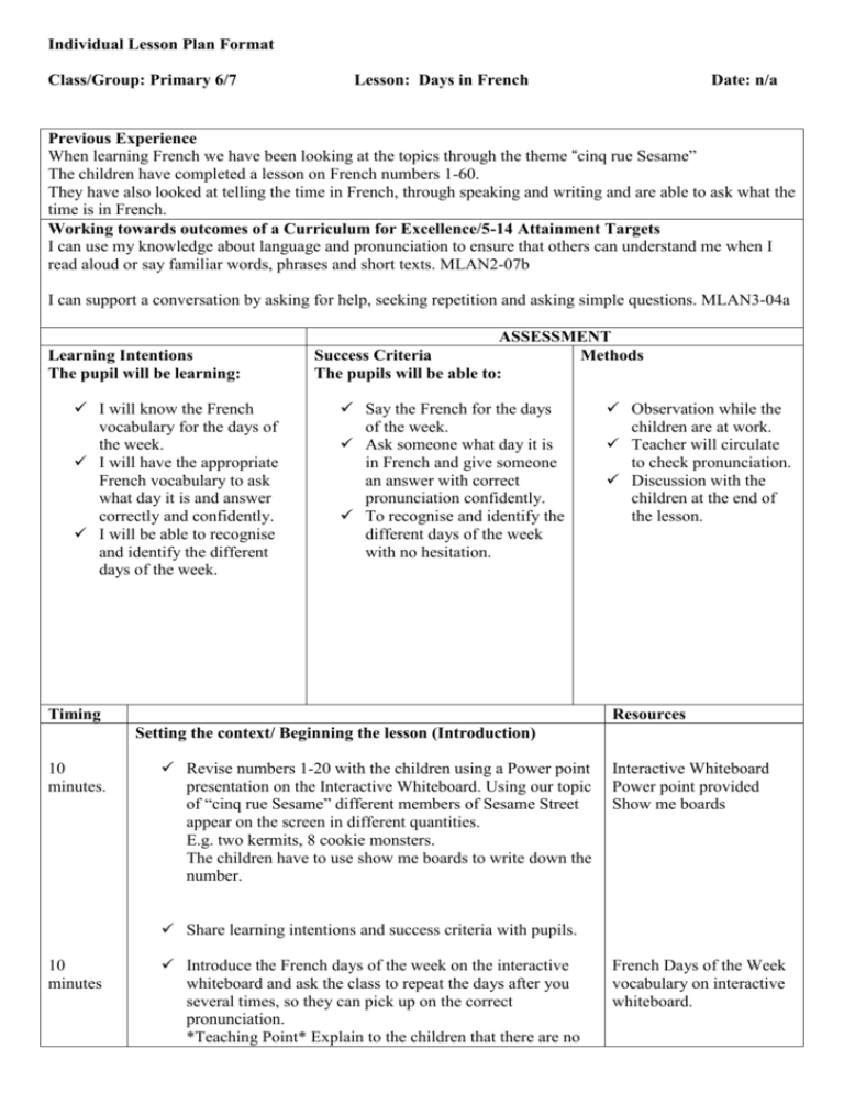 Days Of The Week Lesson Plan