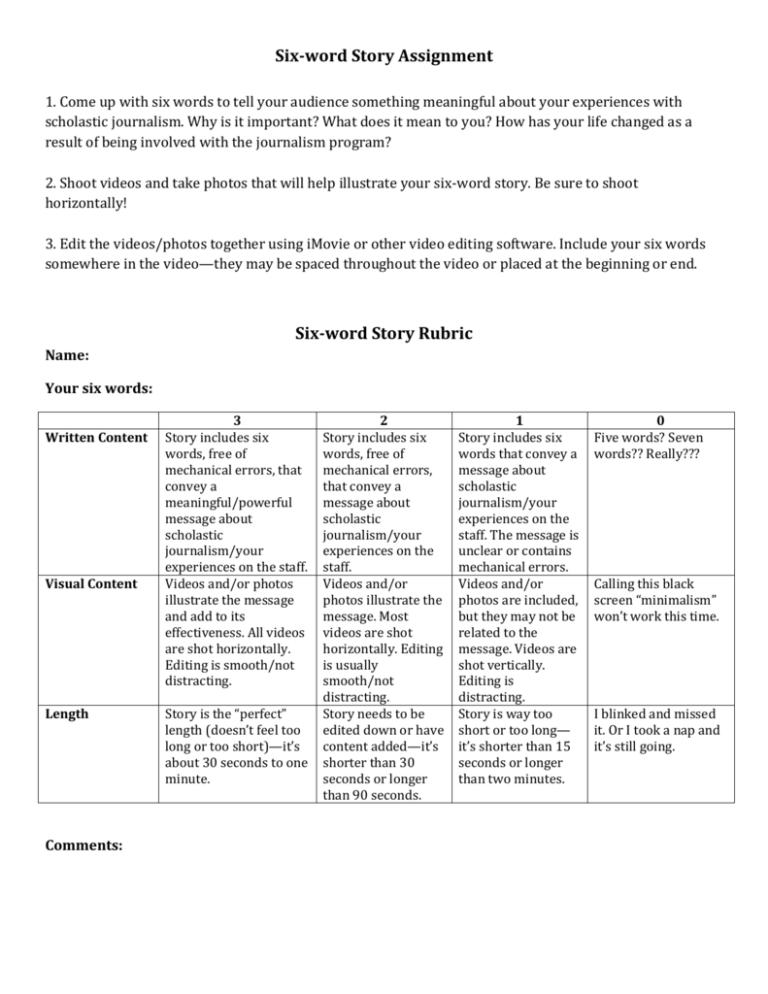 short story assignment rubric