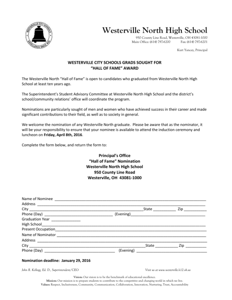 nomination form Westerville City Schools