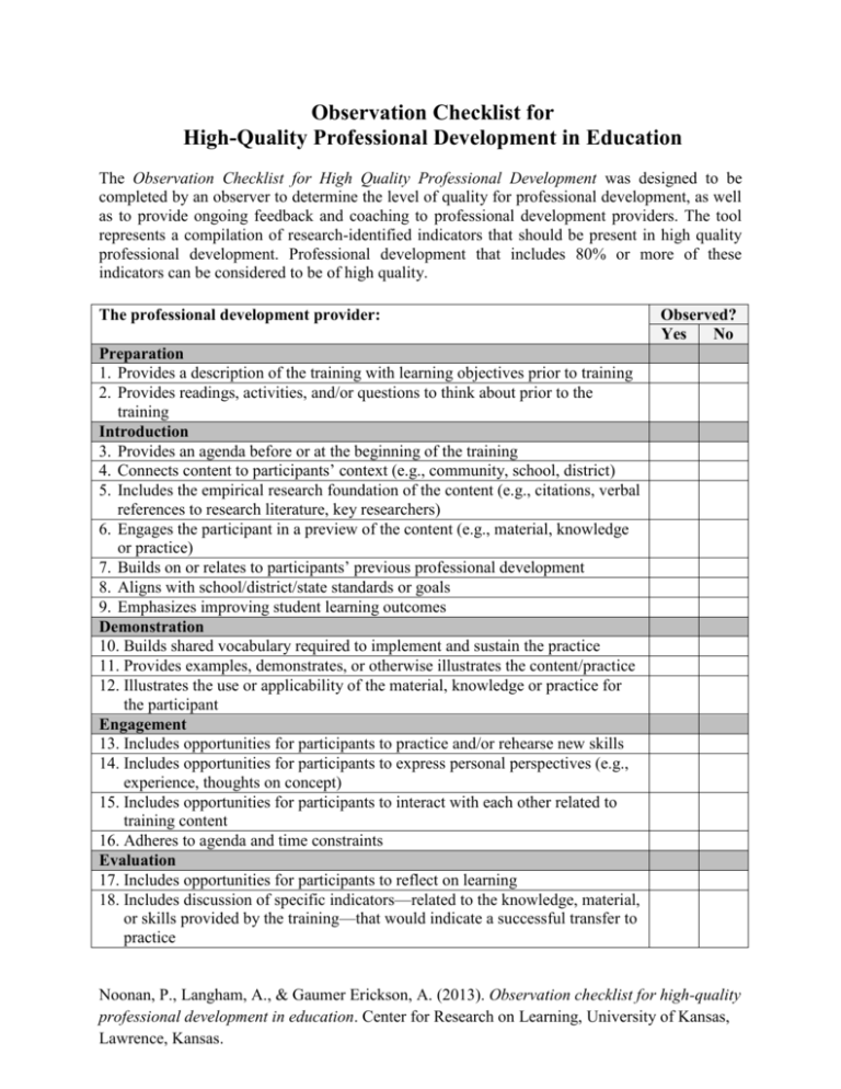  Observation Checklist For High quality Professional