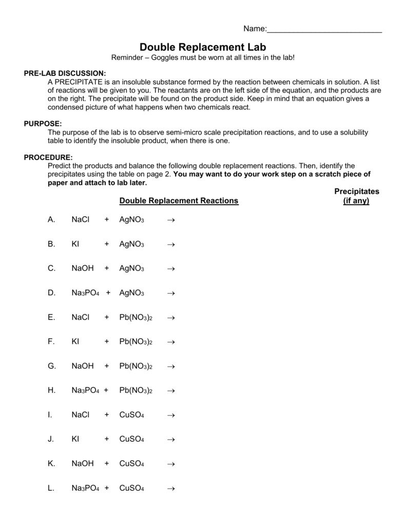 Double Replacement Lab Intended For Double Replacement Reaction Worksheet