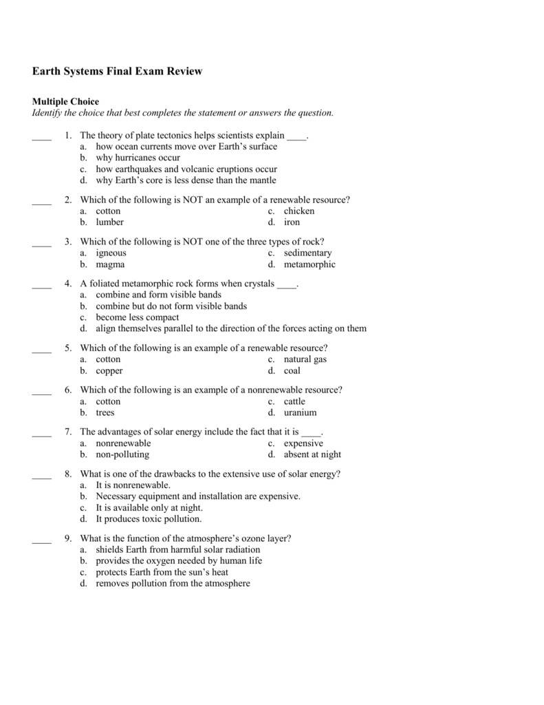 Earth Systems Final Exam Review Answer Section