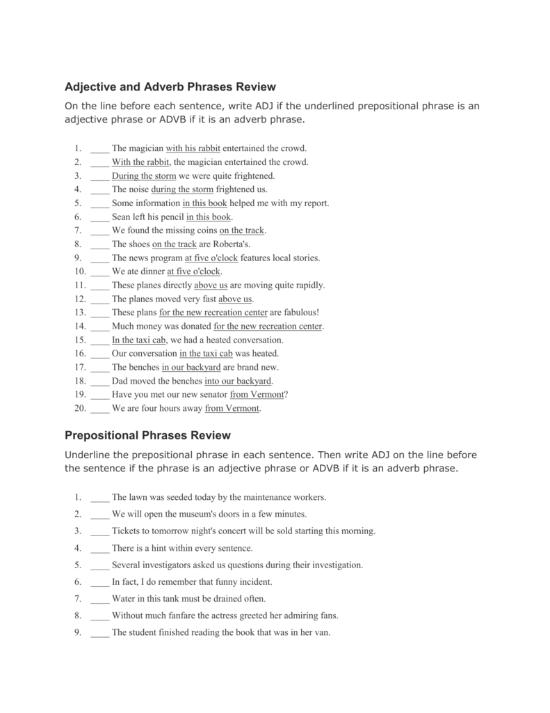 Adjective And Adverb Phrases Review