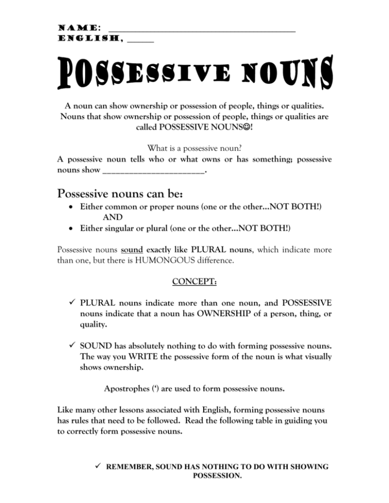 is homework a possessive noun
