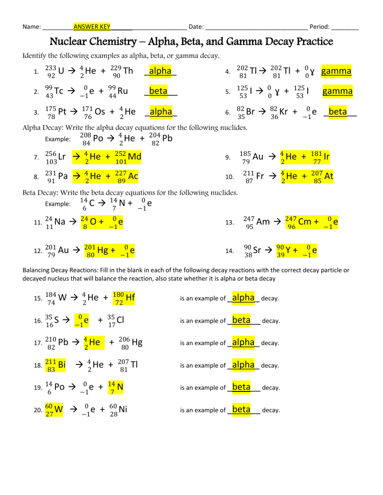 Nuclear Chemistry Practice 1 2 Sheet