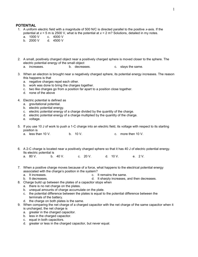 Potential 1 A Uniform Electric Field With A Magnitude Of 500 N C Is
