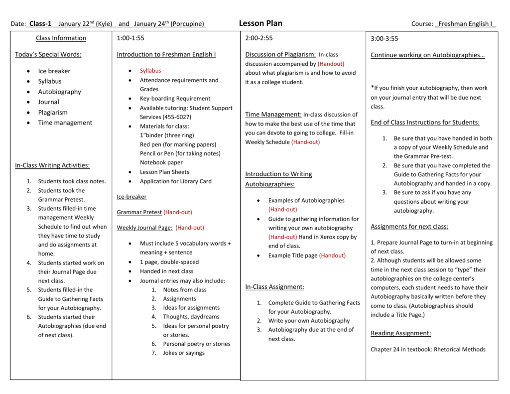 Lesson Plan Class 1 Freshman English I