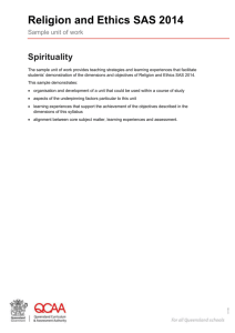 Religion and Ethics SAS (2014) Sample unit of work: Spirituality