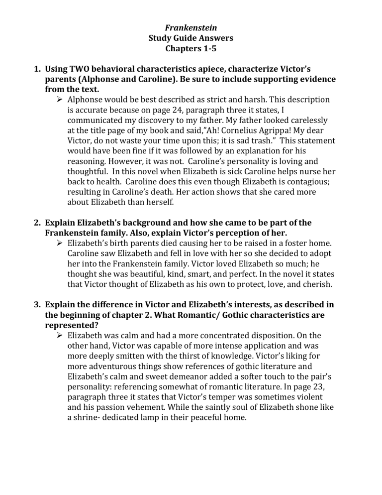 Frankenstein Study Guide Answers Chapters 1