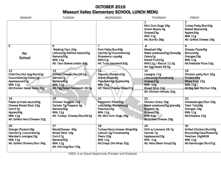 Elementary Lunch Menu Missouri Valley Schools