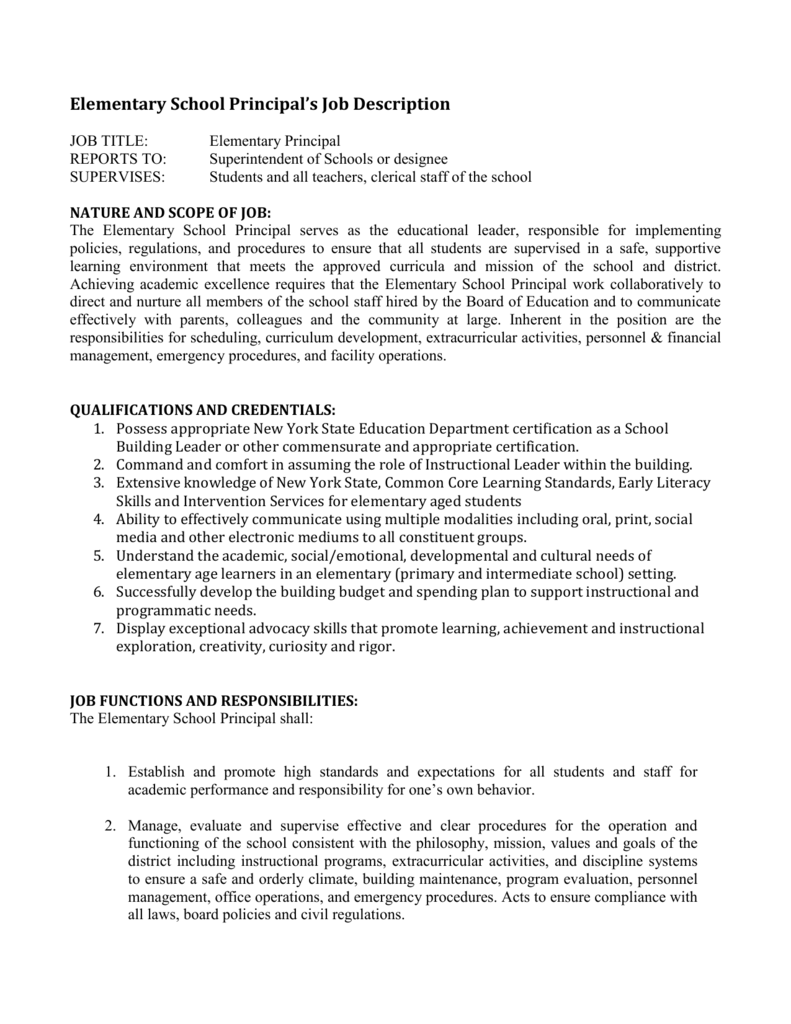 Elementary School Principal Job Description Free Documents