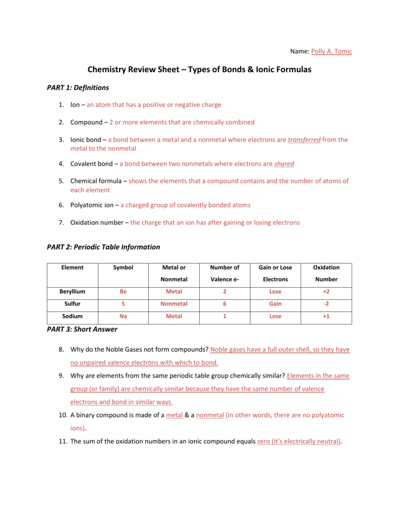 Covalent Bonding Worksheet Answer Key