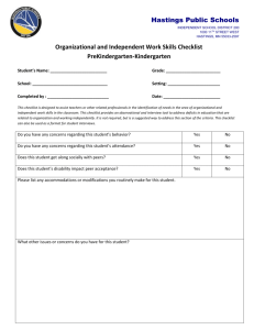 Organizational and Independent Work Skills Checklist Kindergarten