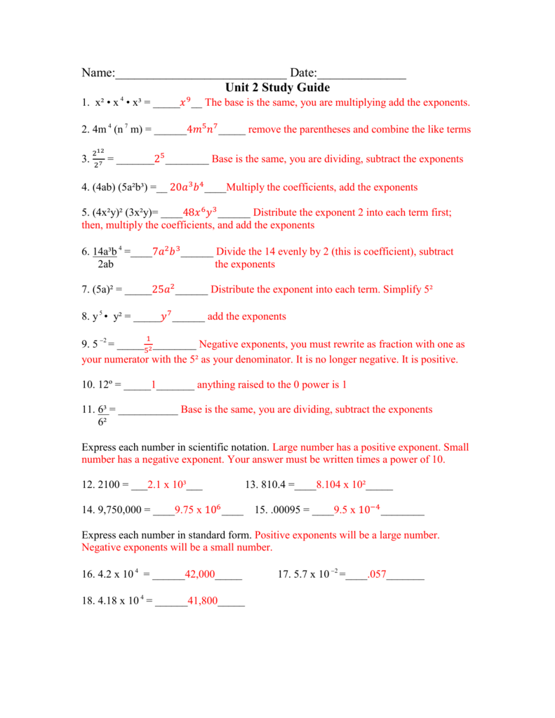 Unit 2 Study Guide Answer Key Unit 2 Study Guide Answer Key