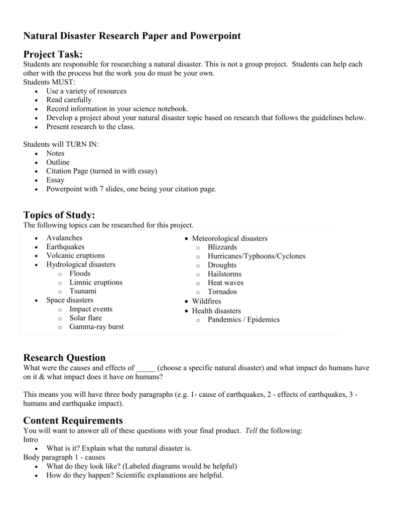 natural disaster research paper topics