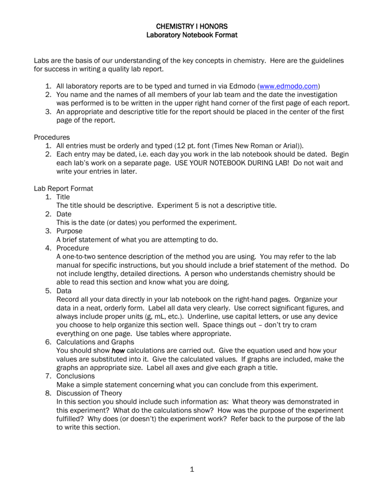 Chemistry I Honors Lab Report Format