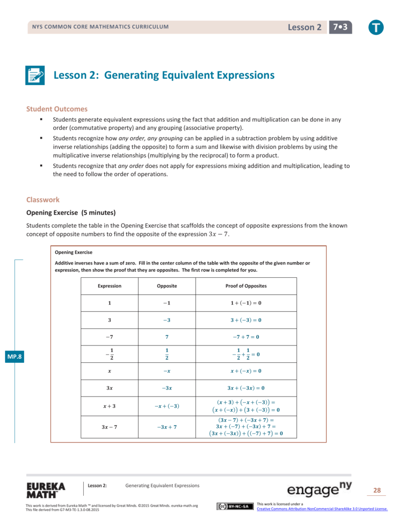 Lesson 2: Generating Equivalent Expressions
