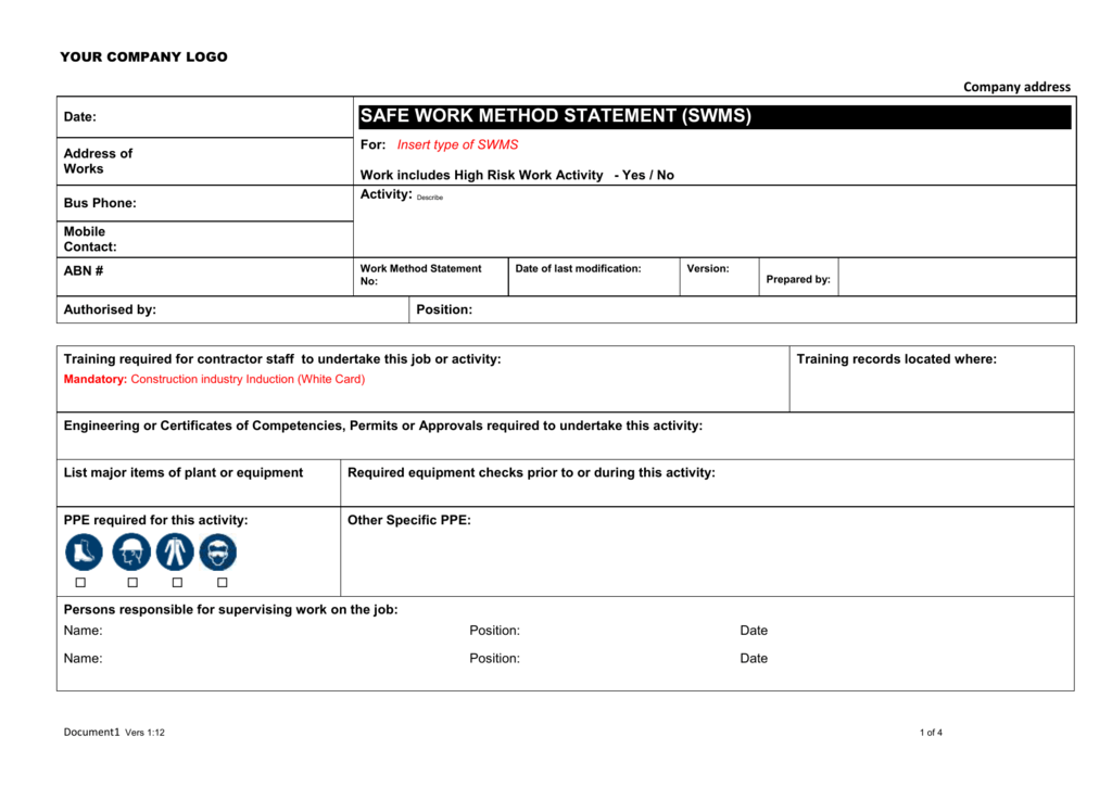 Free Safe Systems Of Work Template Printable Templates