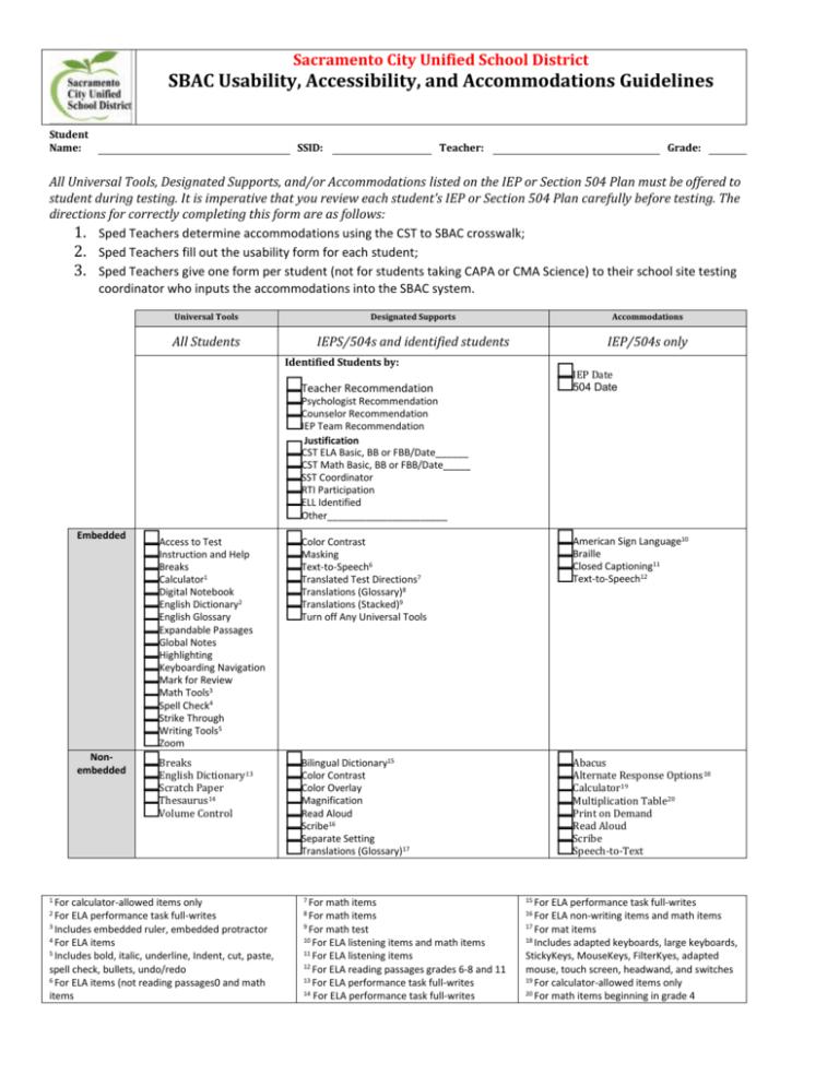 SPED Checklist Sacramento City Unified School