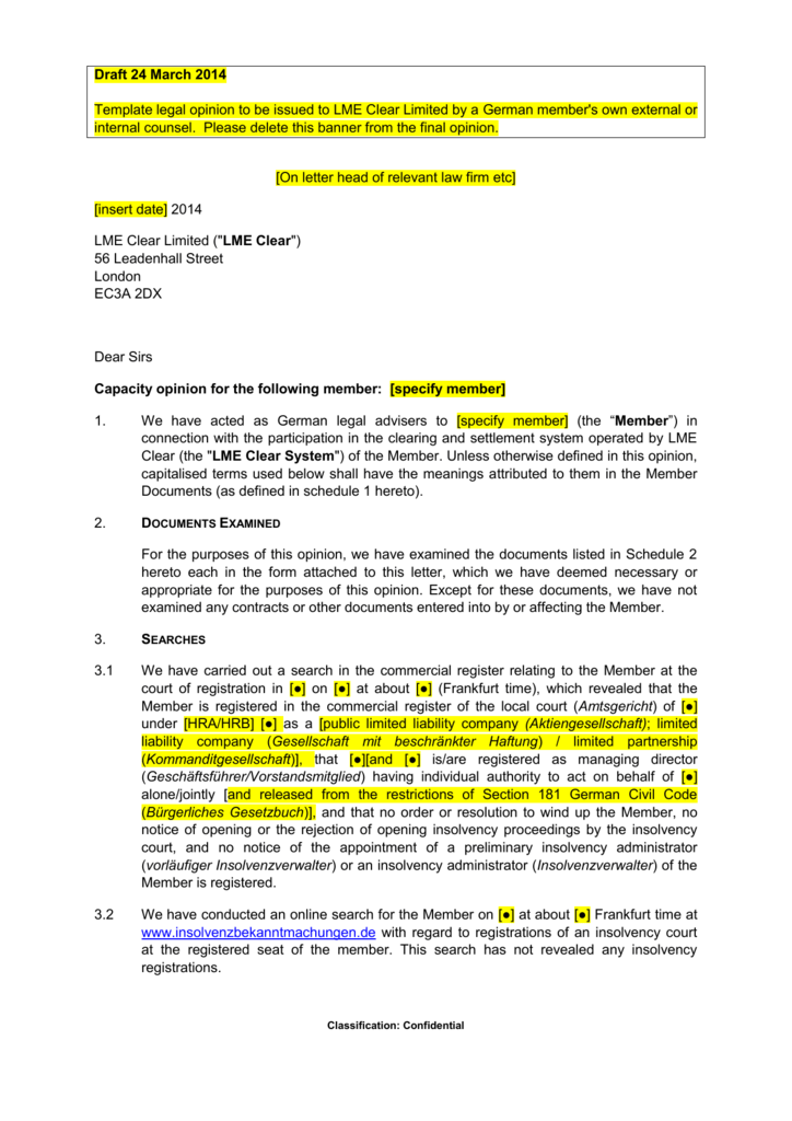 Draft 24 March 2014 Template Legal Opinion To Be Issued To LME