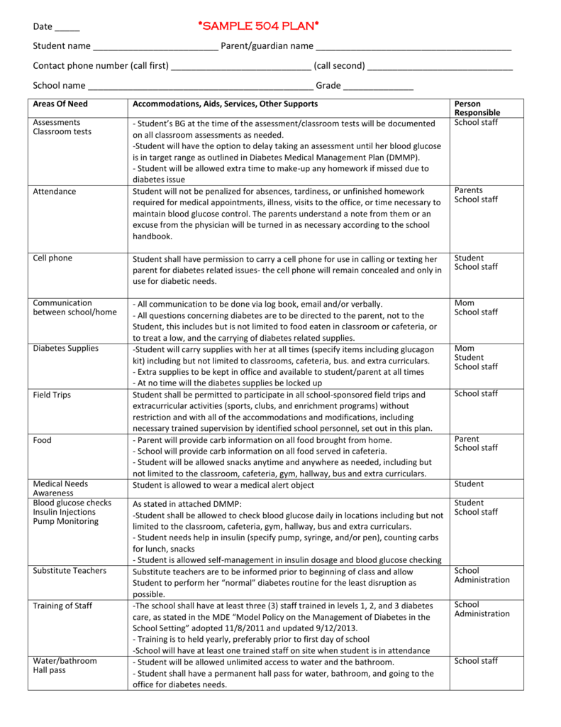 accommodations in 504 plan