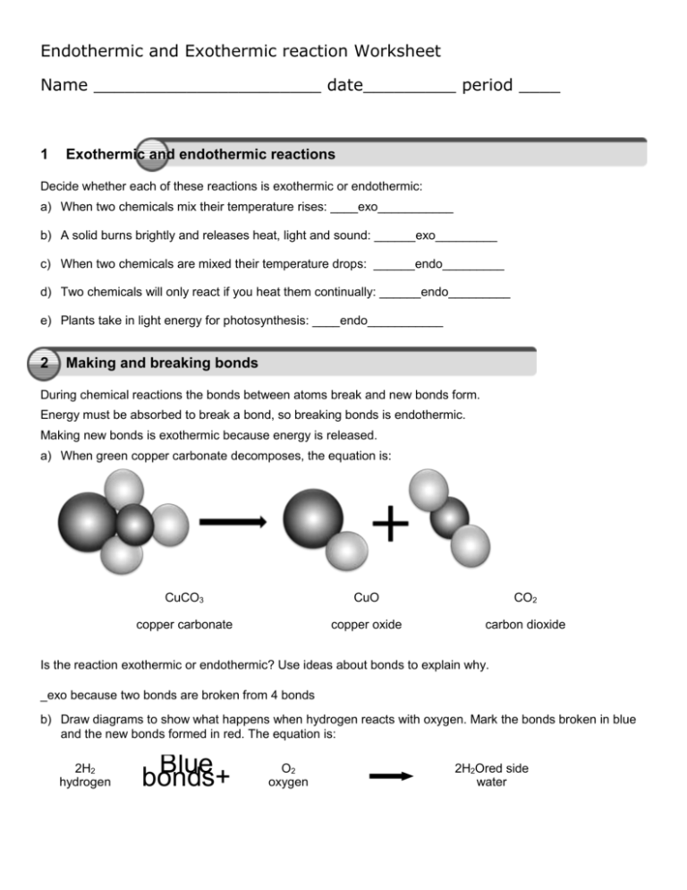 Endothermic And Exothermic Worksheet With Answers Pdf